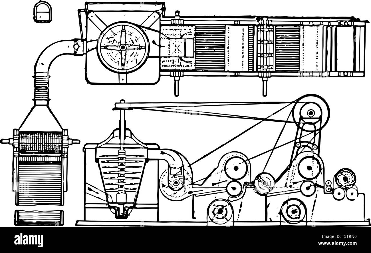 Cette illustration représente la fonction de travail de l'ouverture de la machine, dessin de ligne vintage ou gravure illustration. Illustration de Vecteur