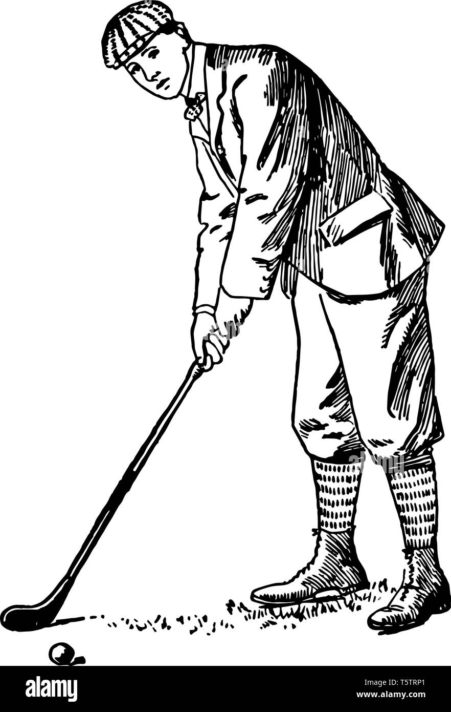 Dans cette photo il ressemble à un bâton de baseball une raquette de tennis tous les instruments utilisés dans le golf sont des marteaux. Un homme est jouer au golf vintage dessin Illustration de Vecteur