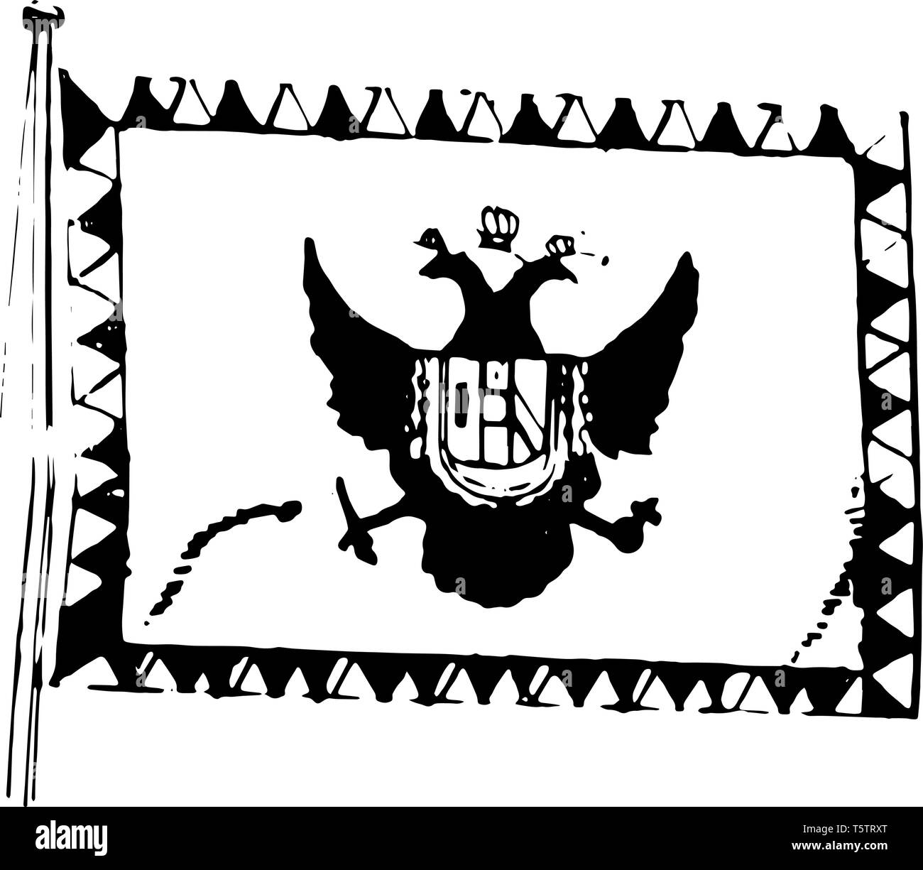 L'Autriche, drapeau, 1910, ce drapeau a une double headed Eagle dans le centre et le bouclier en forme de milieu, côté extérieur recouvert de petits triangles, vintage line led Illustration de Vecteur