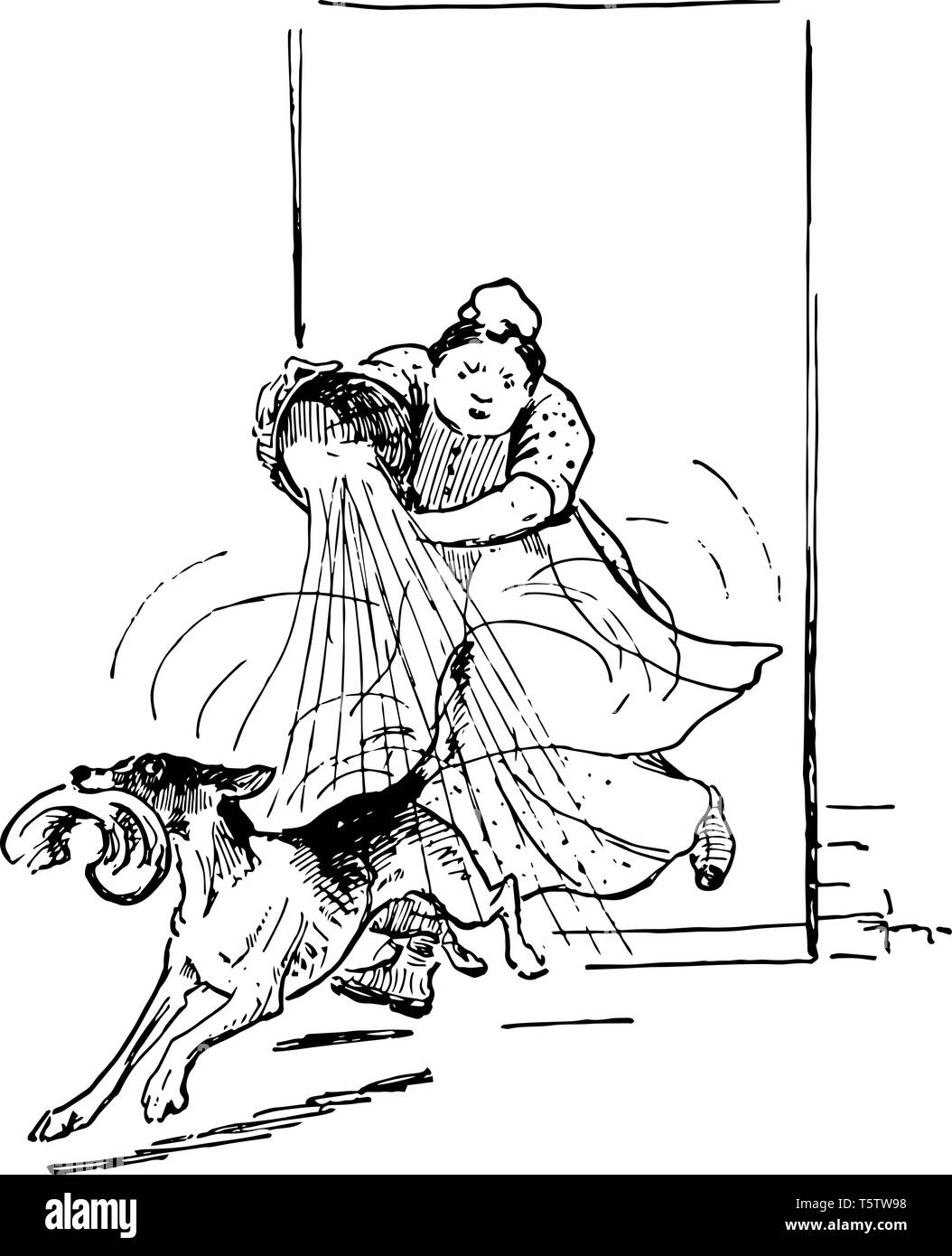 Une femme jetant de l'eau de la benne sur l'exécution de chien, chien tenant quelque chose dans la bouche, le dessin des lignes vintage ou gravure illustration Illustration de Vecteur