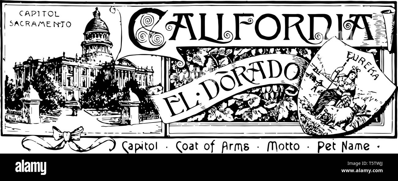 La bannière de l'état de Californie cette bannière a state house entouré par les arbres du côté droit de la déesse romaine une gerbe de céréales par miner les bateaux à voile sur le dessus Illustration de Vecteur