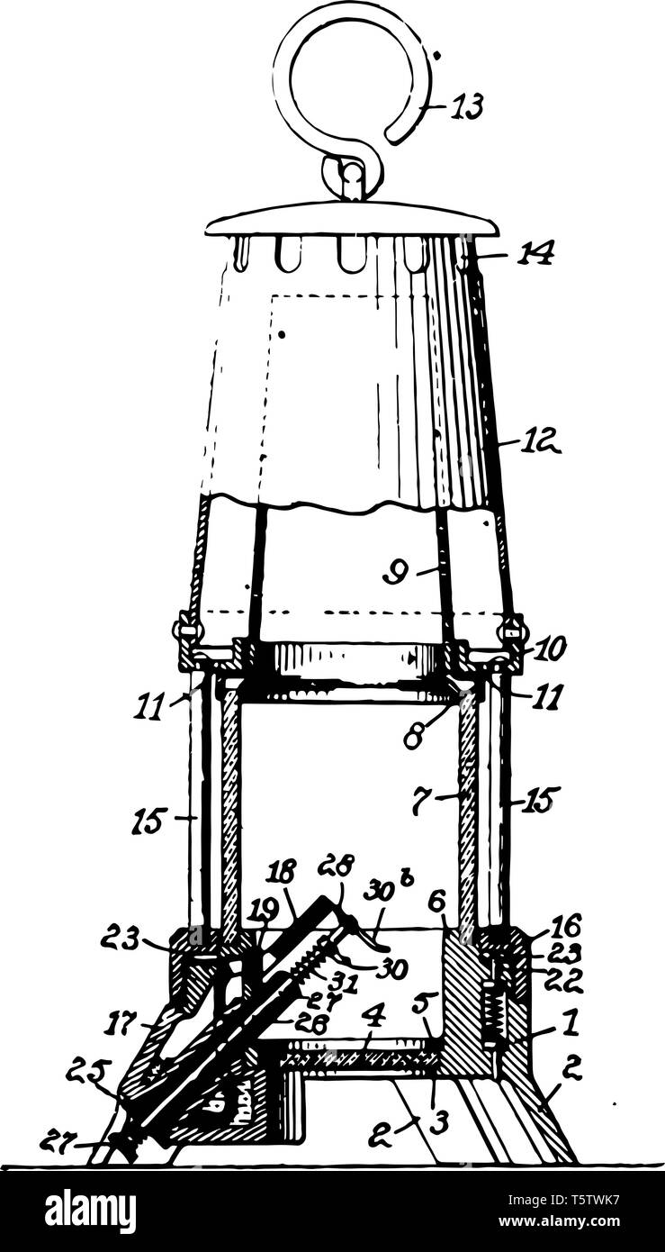 Cette illustration représente les mineurs safety lamp vintage dessin ou gravure illustration. Illustration de Vecteur