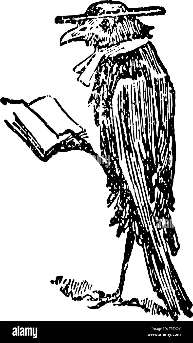 La mort et l'Enterrement de Robin cette scène montre un oiseau permanent portait hat and reading book vintage dessin ou gravure illustration Illustration de Vecteur