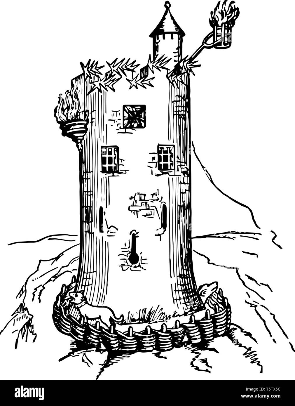 Tour Médiévale du xve siècle dans le temps de l'utilisation primaire de siège militaire est autoportant vintage dessin ou gravure il Illustration de Vecteur