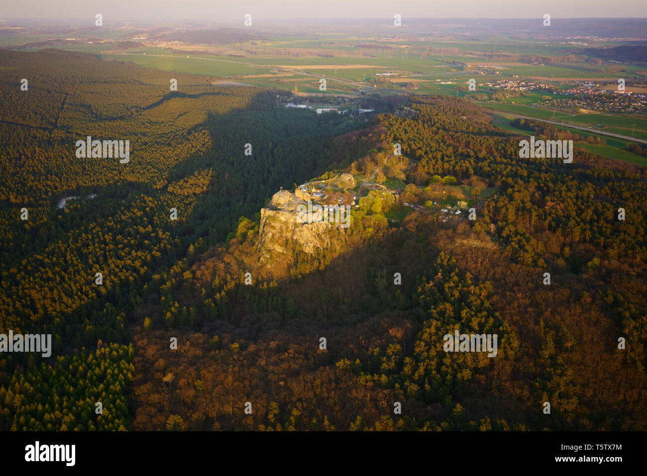 Vue aérienne du château Regenstein paysage, les ruines d'un château médiéval. Montagnes du Harz, près de Blankenburg, Saxe-Anhalt, Allemagne. Banque D'Images