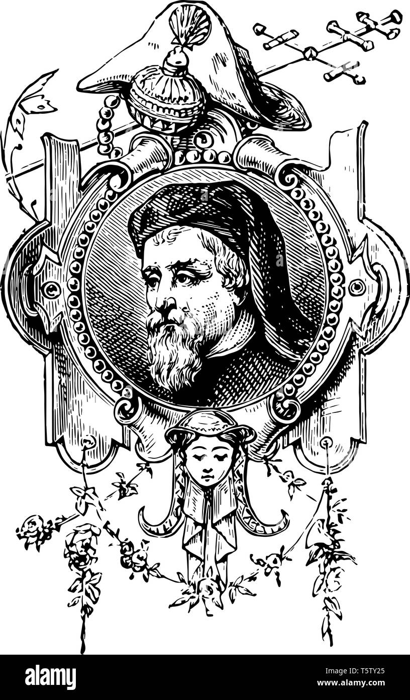 Geoffrey Chaucer c. 1343 à 1400 il était célèbre poète anglais célèbre astronome et philosophe auteur comme père de la littérature anglaise vintage line draw Illustration de Vecteur