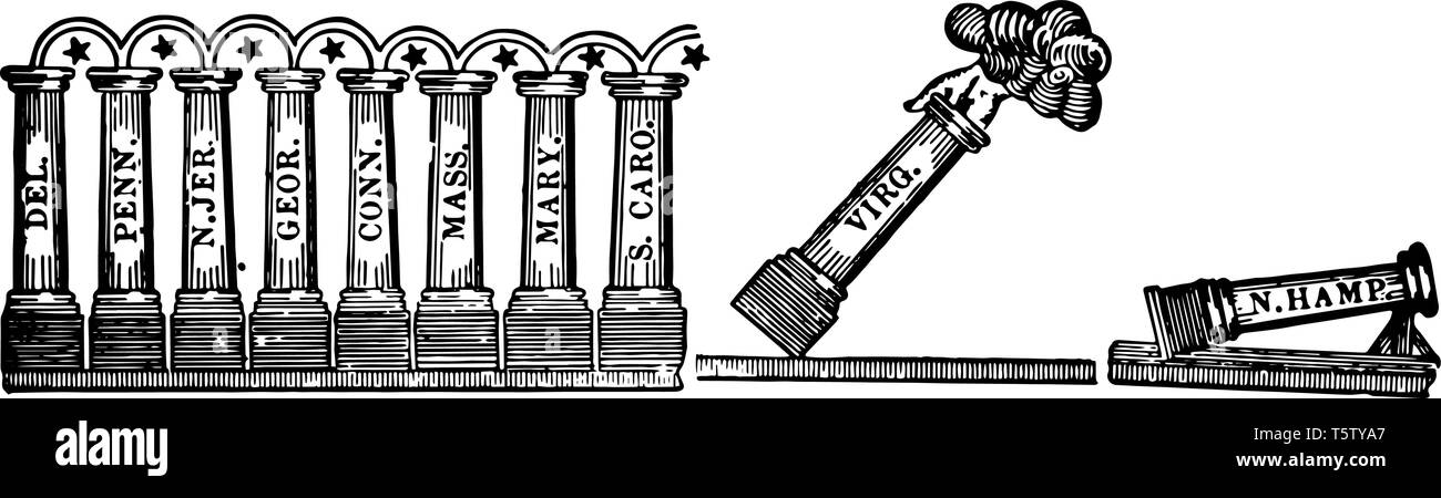 La ratification de la Constitution de la caricature politique chronique Intependent Boston 12 juin 1788 vintage le schéma. Illustration de Vecteur