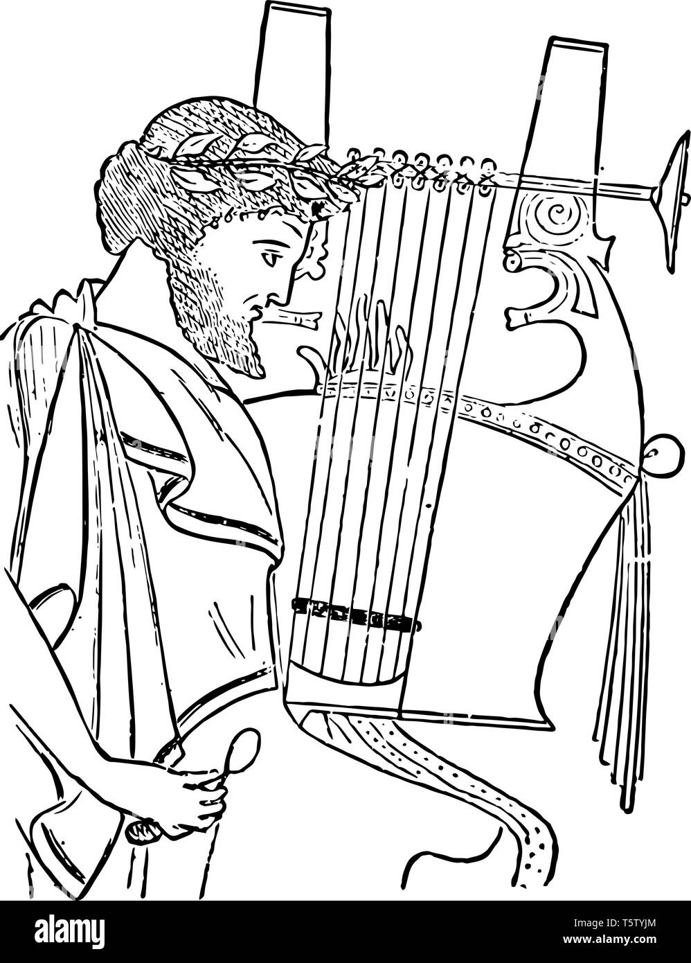 Un homme jouant de la lyre, un dessin de ligne vintage ou gravure illustration. Illustration de Vecteur