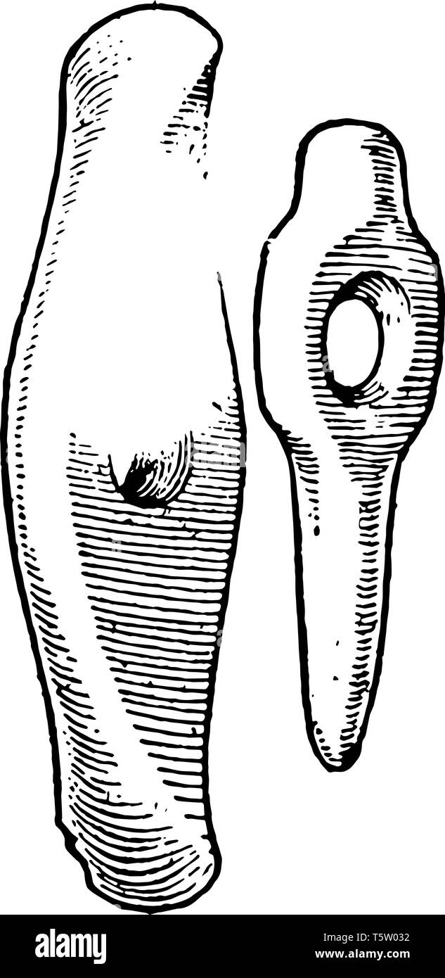 Cette image montre la hache de pierre polie a marteaux. Ils sont mis en œuvre dans l'âge néolithique, un dessin de ligne vintage ou gravure illustration. Illustration de Vecteur