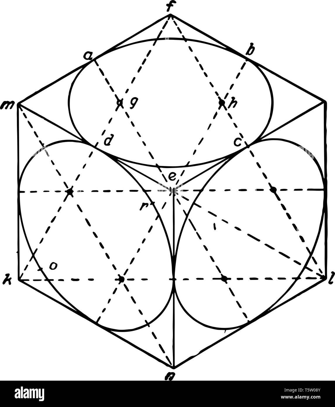 L'image montre l'un cube de isométrique avec cercles inscrits. Il y a un cercle à l'intérieur de la construction le cube qui est elliptique, vintage l Illustration de Vecteur