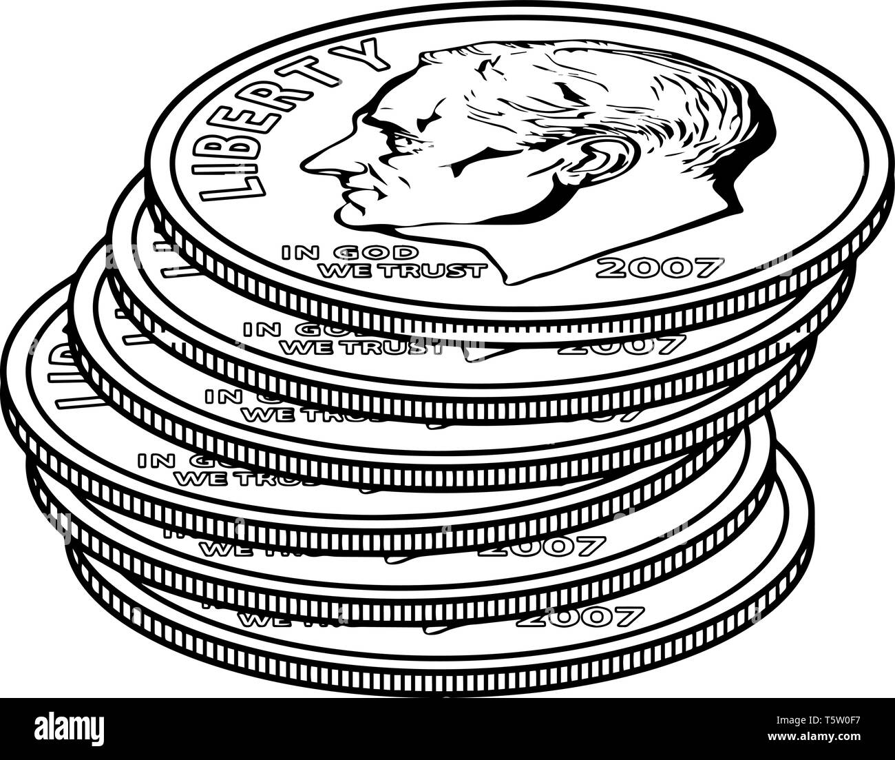 La photo montre la pièce de dix cents 6. Il est conçu par John R. Sinnock en 1946. Il est également appelé 104 ou 10 100. Franklin Roosevelt était 32e président Illustration de Vecteur