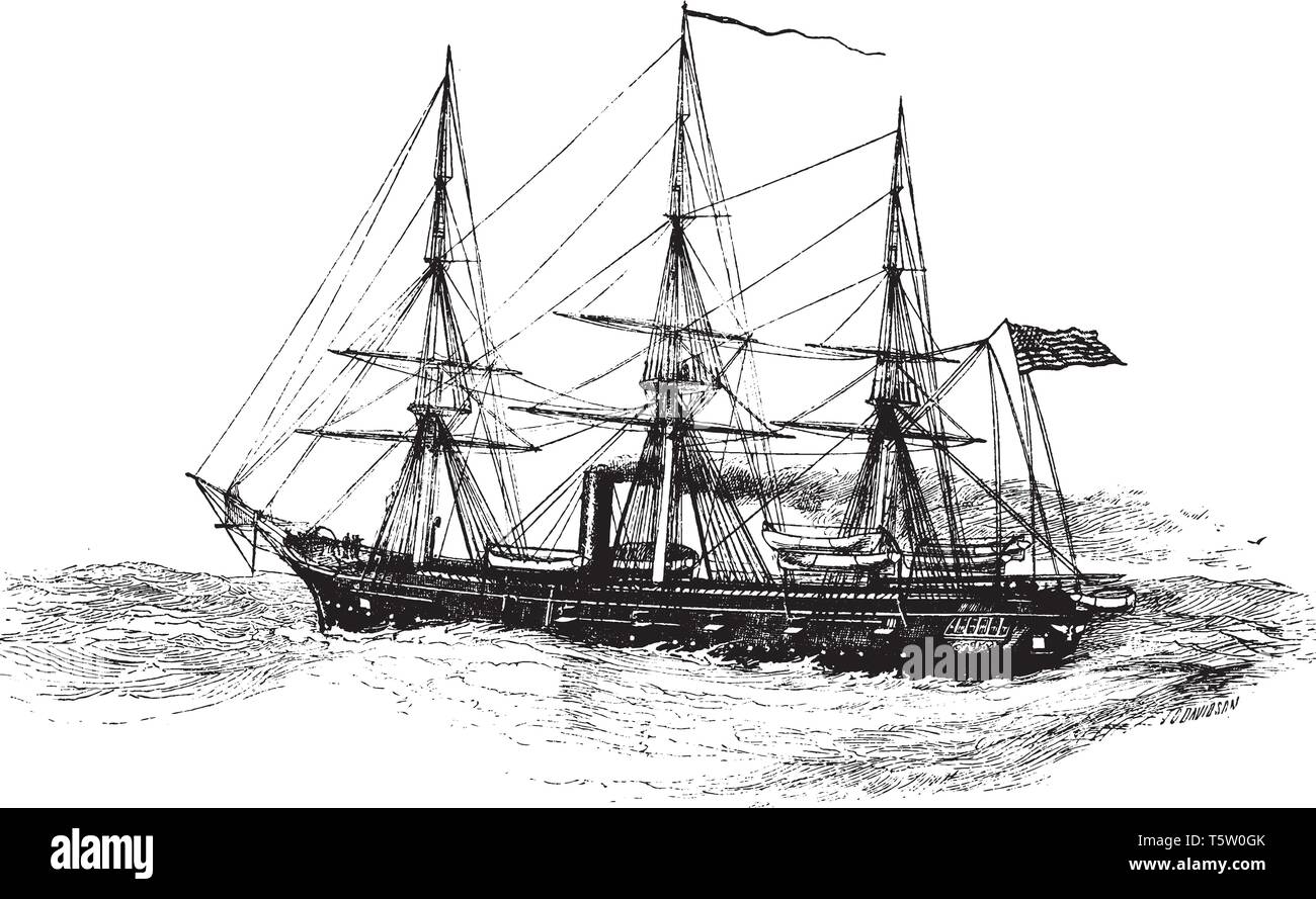 Marion qui est le sloop de guerre nous Marion, vintage dessin ou gravure illustration. Tester Illustration de Vecteur
