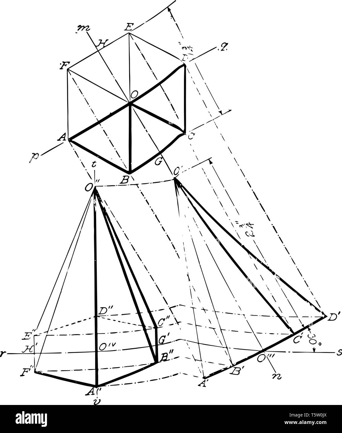 L'image montre un prisme hexagonal sous différents angles dont l'axe est parallèle au plan de l'étude et dont la base forme un angle de 30 avec le Illustration de Vecteur