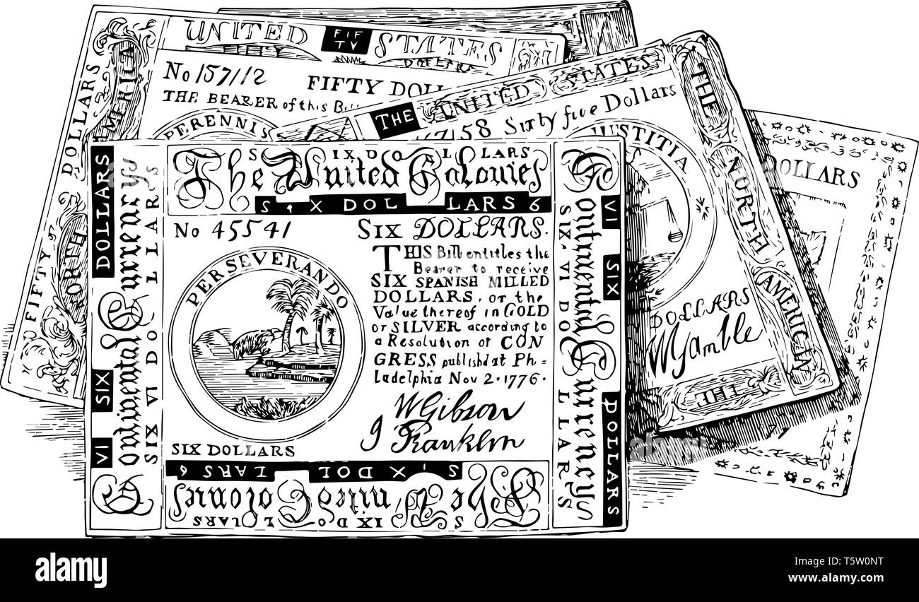 Une image de télécopieur de Continental Bills. Du papier-monnaie émis par après la guerre révolutionnaire a commencé en 1775, vintage dessin ou gravure illu Illustration de Vecteur