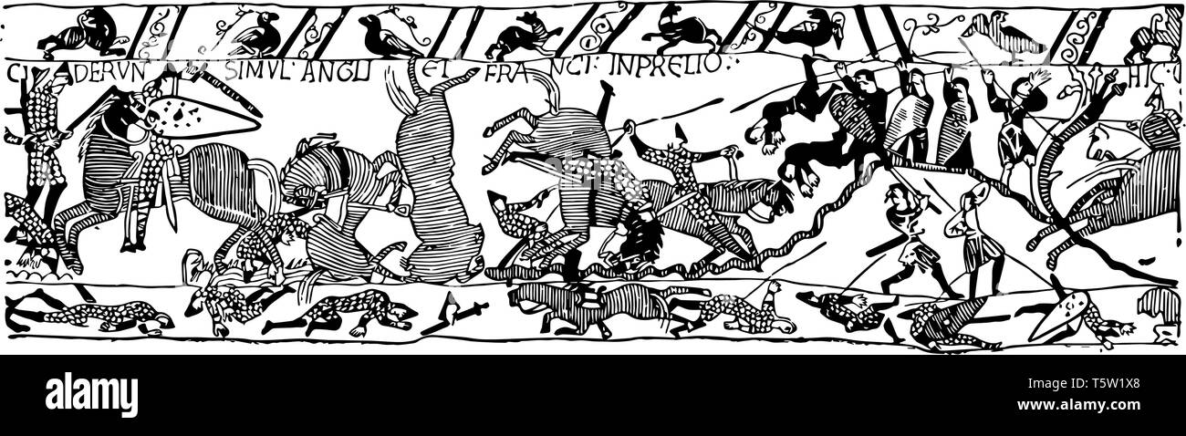 Scène de la tapisserie de Bayeux représentant la bataille de Hastings et la mort de Harold, vintage dessin ou gravure illustration. Illustration de Vecteur