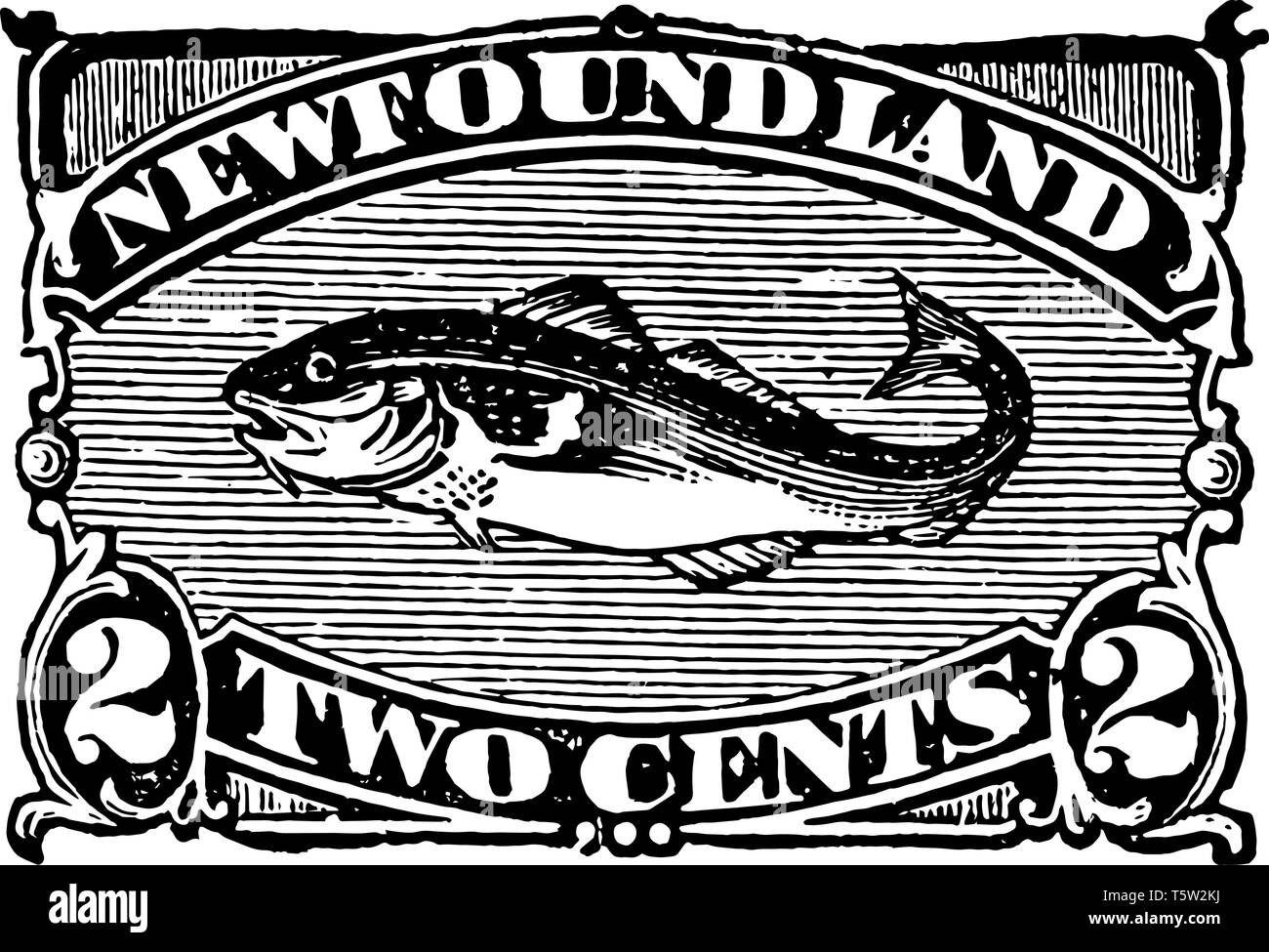 New foundland deux cents stamp avec du saumon dans le centre de dessin Ligne vintage. Illustration de Vecteur