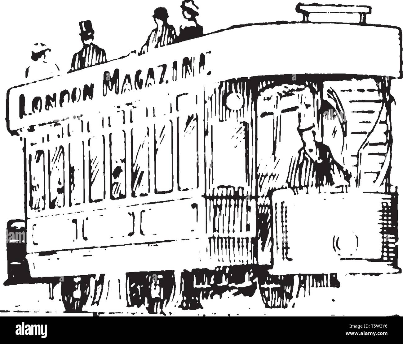 Street car est un véhicule ferroviaire qui s'étend sur les voies le long des rues urbaines, vintage dessin ou gravure illustration. Illustration de Vecteur