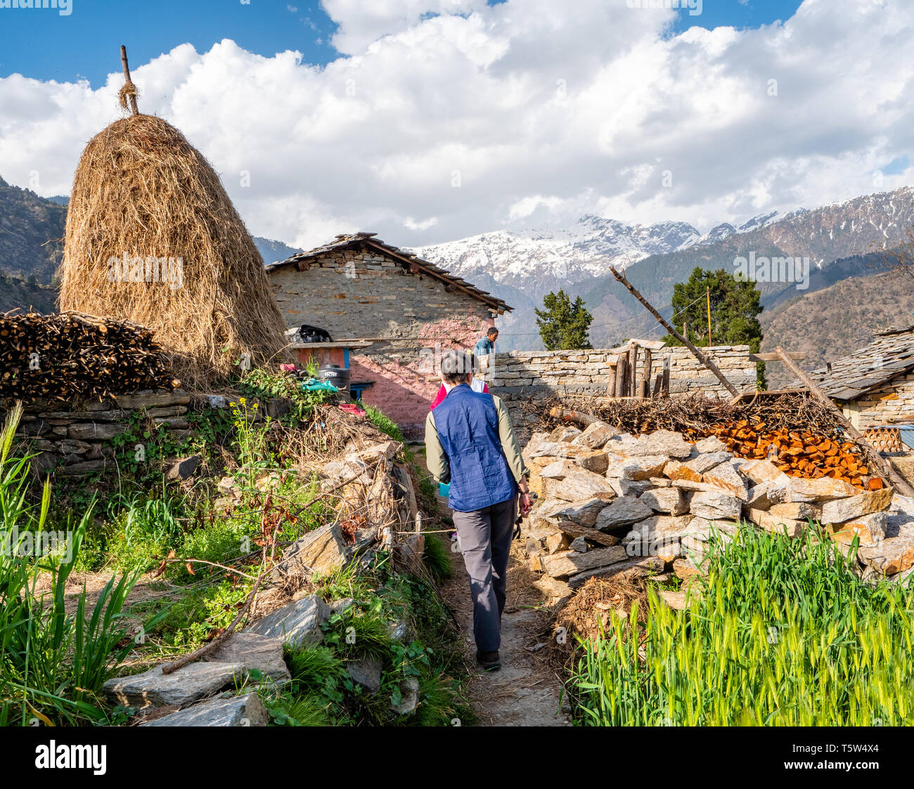 Femme marche à travers les montagnes de l'himalaya village de Supi au-dessus de la vallée de Pindare Uttarakhand en Inde du Nord Banque D'Images