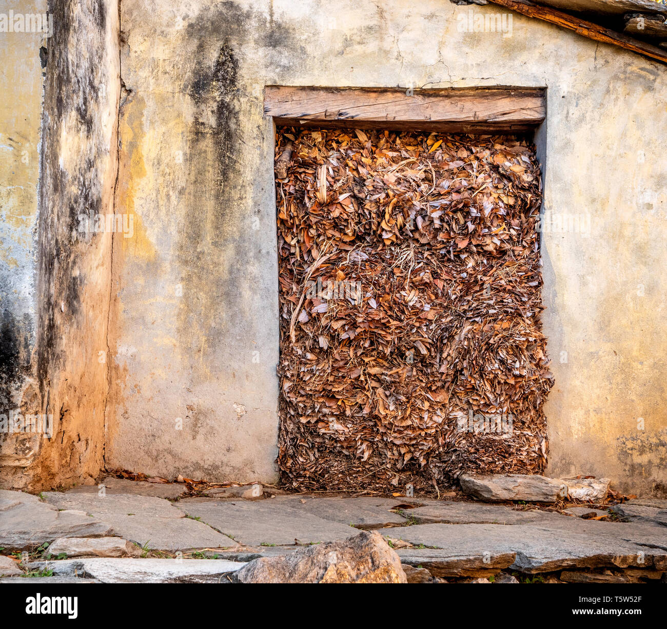 Porte dans une grange de Pindar Valley Uttarakhand en Inde pleine de feuilles et d'excréments d'animaux qui seront utilisés pour remettre sur les terres comme engrais organique Banque D'Images