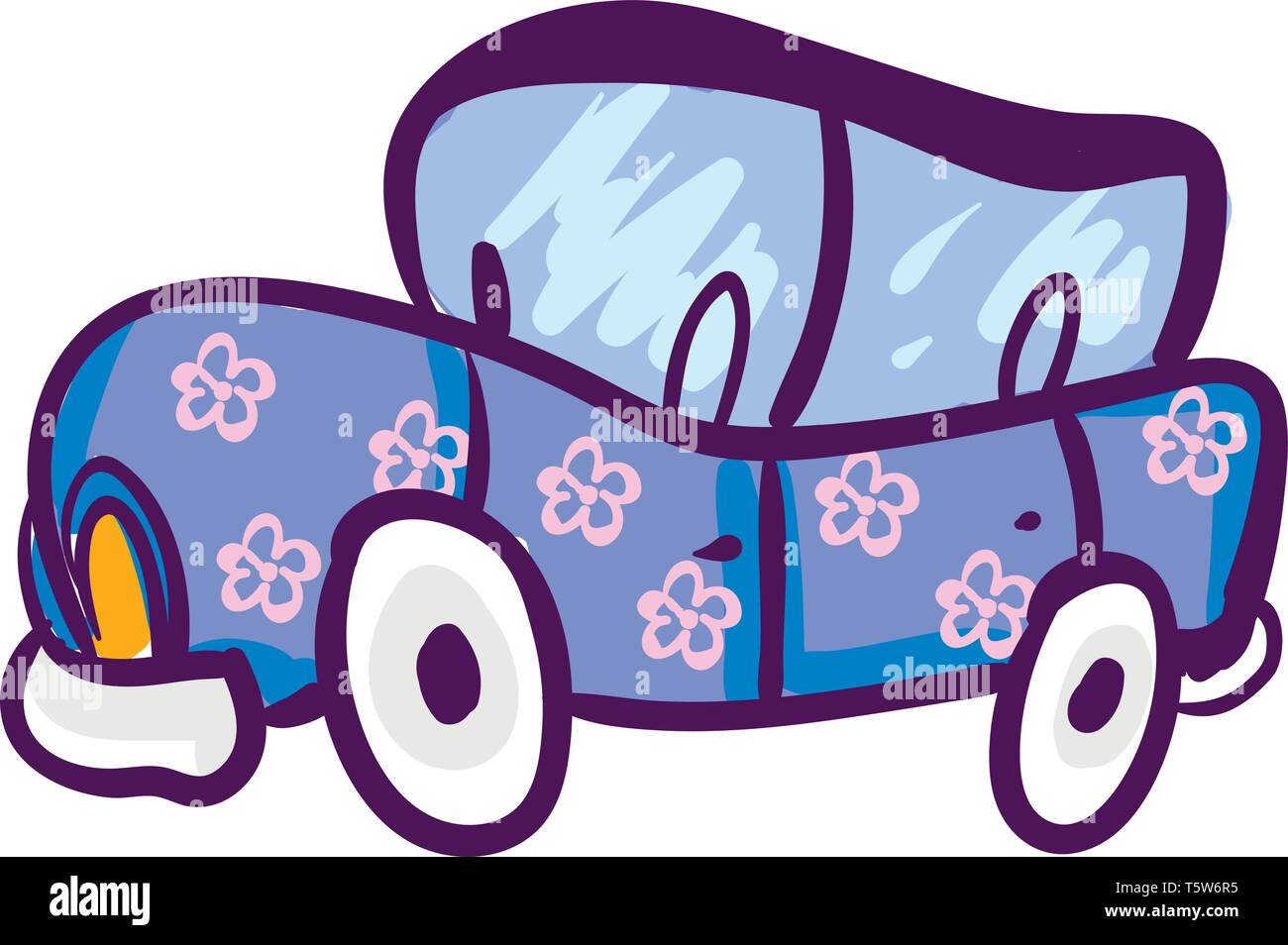 Une voiture bleu et violet avec des fleurs roses, Scénario, dessin en couleur ou d'illustration. Illustration de Vecteur