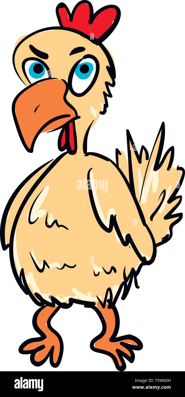 Un poulet aux yeux bleu rouge orange bec et pattes peigne et barbillons et une expression de colère sur le visage de couleur ou de dessin vectoriel illustration Illustration de Vecteur