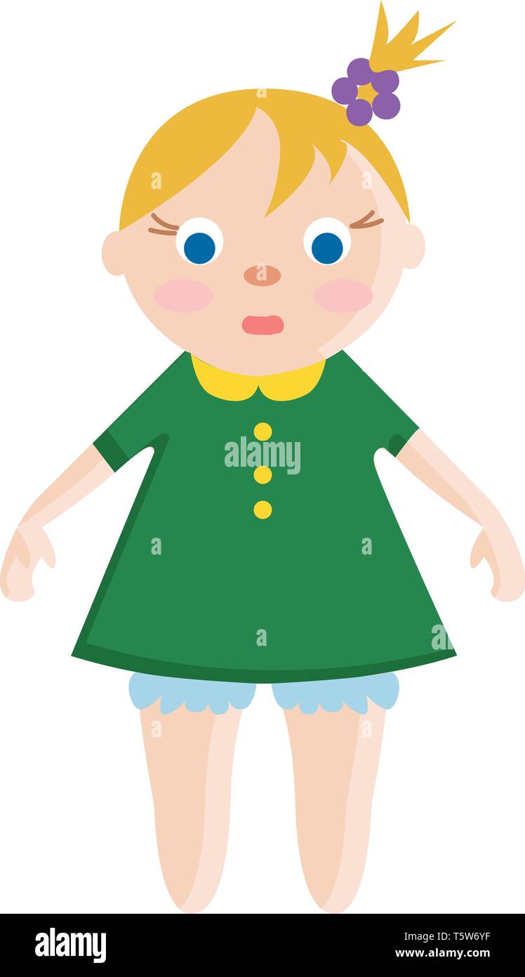 Un bébé ayant des cheveux blonds peau juste les yeux bleus portant une robe verte avec collier jaune et une bande mauve sur la tête vector dessin en couleur ou illustrat Illustration de Vecteur