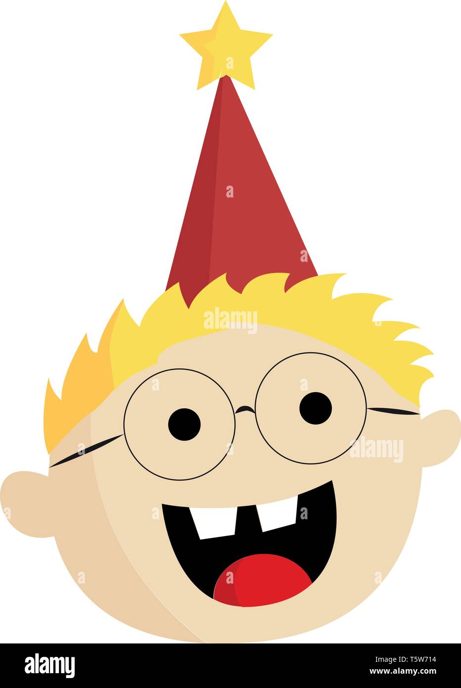 Un joli garçon heureux avec des cheveux blonds lunettes porte un chapeau  d'anniversaire rouge avec une étoile jaune sur le haut vector dessin en  couleur ou de l'illustration Image Vectorielle Stock -