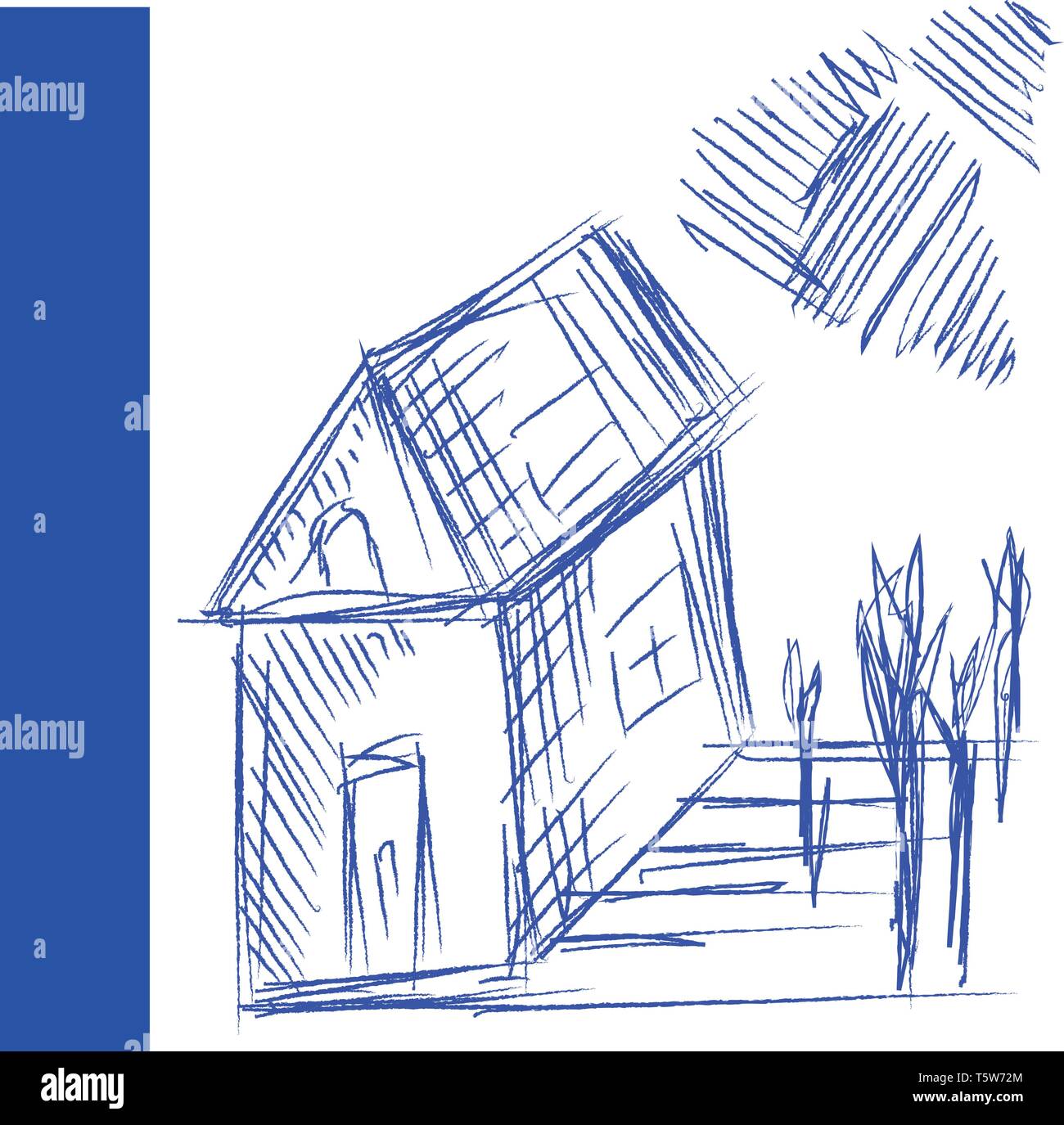 Un stylo dessin d'une maison avec une porte une fenêtre sur le côté et une lucarne, il dispose également de quatre arbres et ciel vector dessin en couleur ou illust Illustration de Vecteur