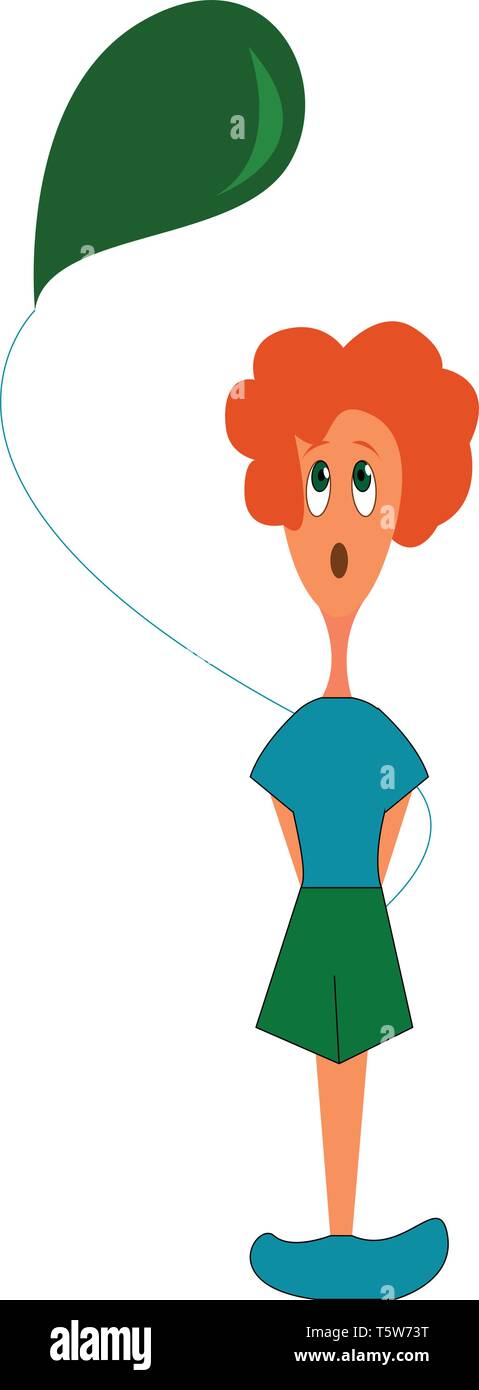 Un garçon aux cheveux rouges blue shirt short vert et bleu chaussures à haut à un ballon vert qu'il tient avec ses mains derrière lui application couleurs led Illustration de Vecteur