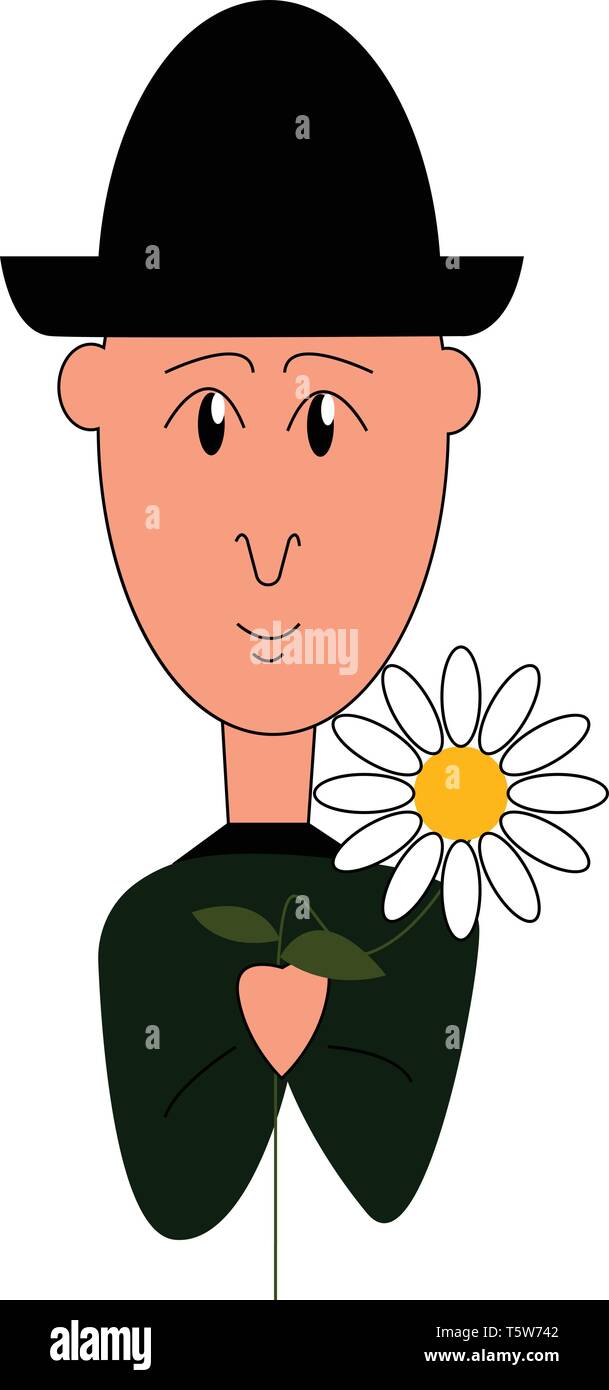 Un garçon vêtu de noir avec un chapeau noir tient une fleur à la couleur de dessin ou d'illustration vectorielle Illustration de Vecteur