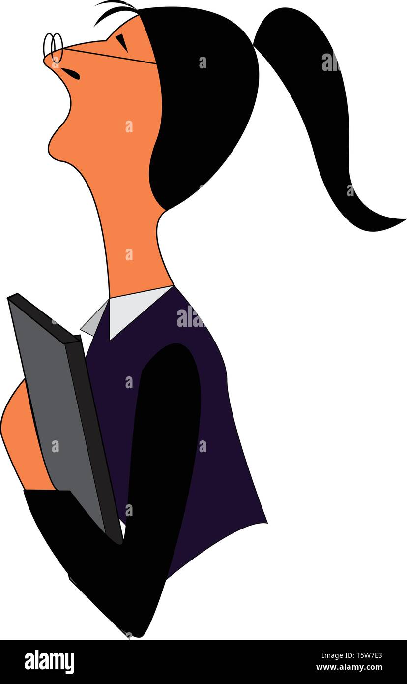 Une dame avec de longs cheveux noirs attachés en une queue de porter des lunettes et la tenue d'un livre noir de couleur ou de dessin vectoriel illustration Illustration de Vecteur