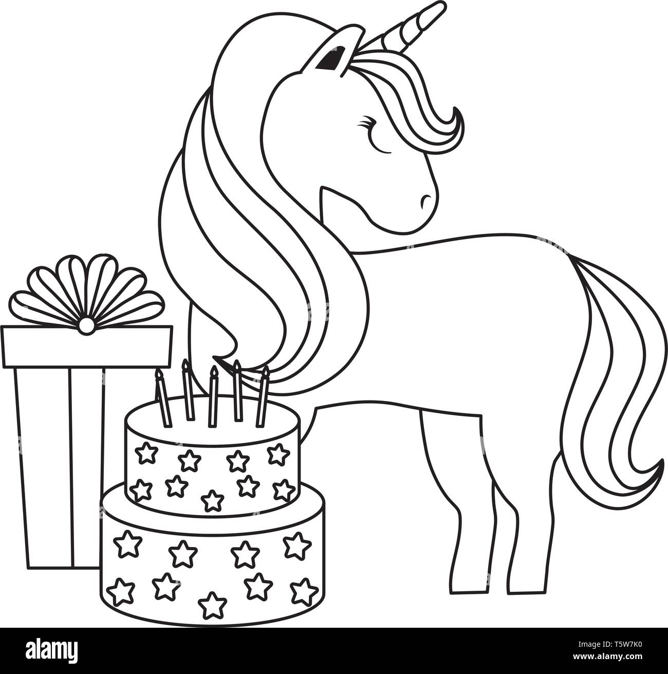Cute Animal Unicorn Avec Boite Cadeau Et Gateau D Anniversaire Vector Illustration Design Image Vectorielle Stock Alamy