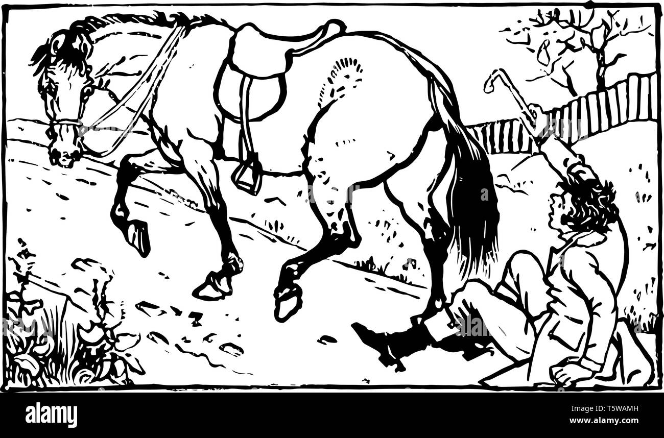 Pluie cette scène montre un homme tomba sur le sol derrière l'vintage dessin ou gravure illustration Illustration de Vecteur