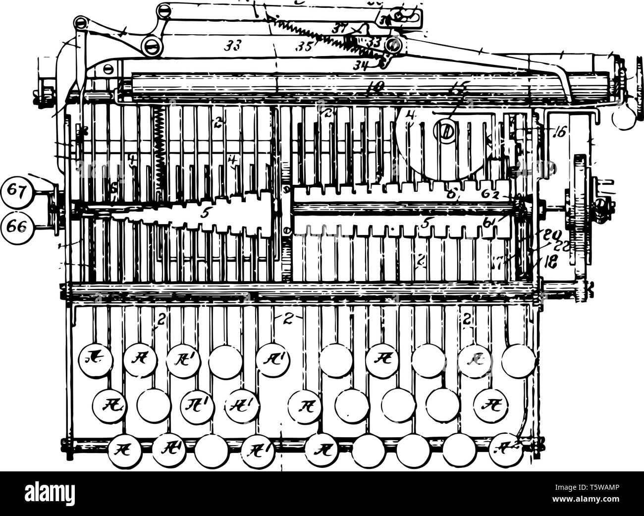 Cette illustration représente une machine à écrire est un dispositif mécanique qui sera imprimée sur un support papier habituellement vintage dessin ou gravure illus Illustration de Vecteur