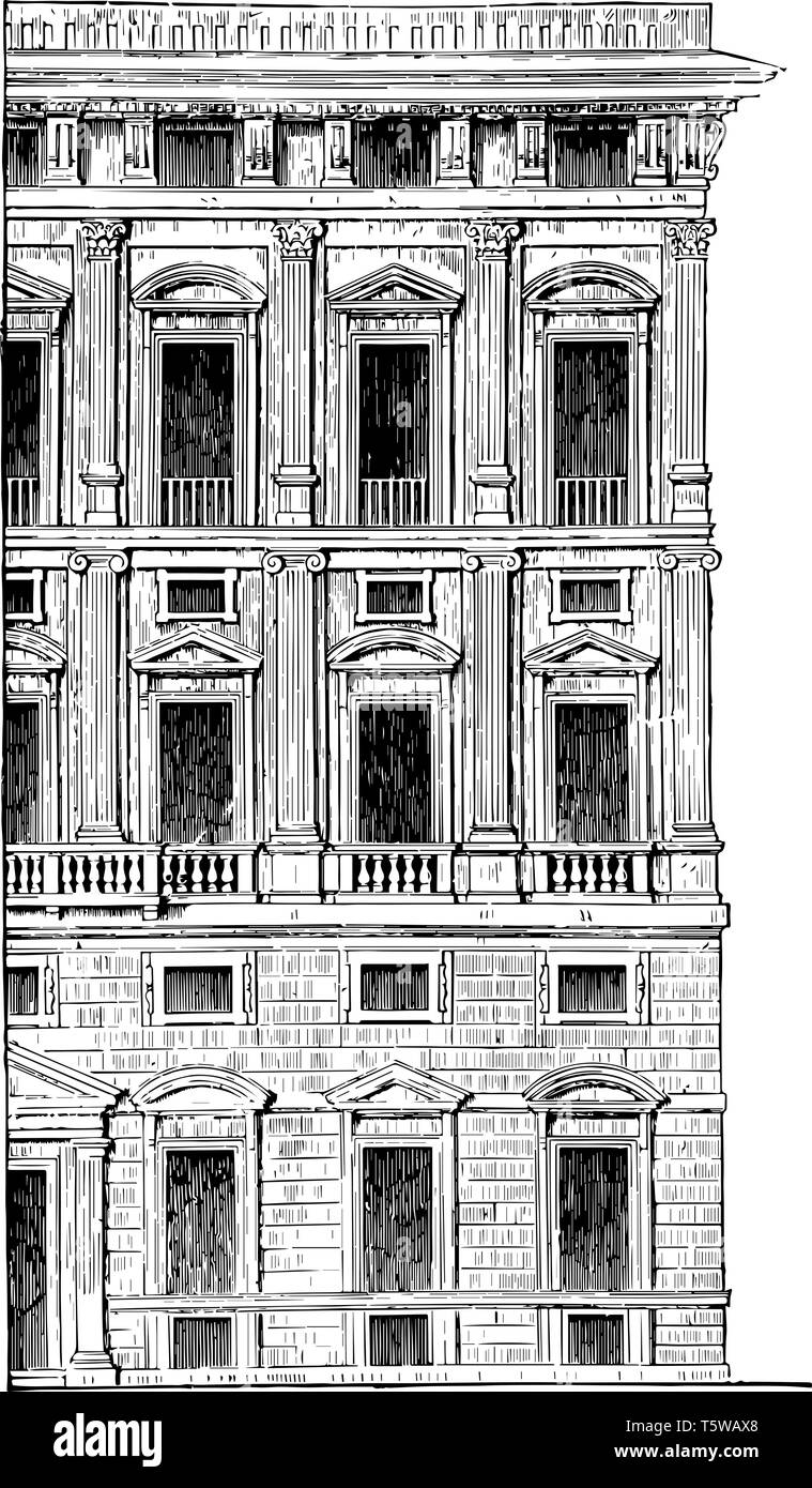 La moitié de la façade d'un palais à Gênes la pureté du style pas assez grande dans le roman en particulier en ce qui concerne la lourde le degré souhaité vintage lin Illustration de Vecteur