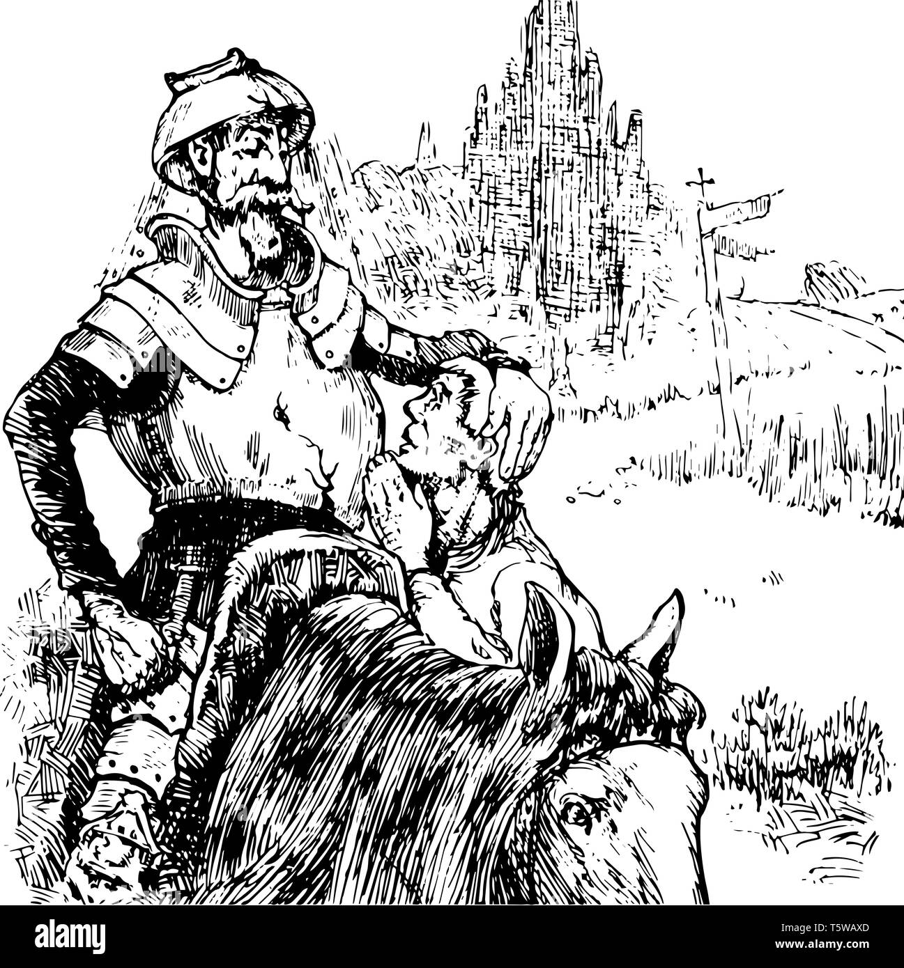Don Quichotte cette scène montre un homme portait un casque et s'asseoir à cheval et un homme debout à côté de lui vintage dessin ou gravure illustration Illustration de Vecteur