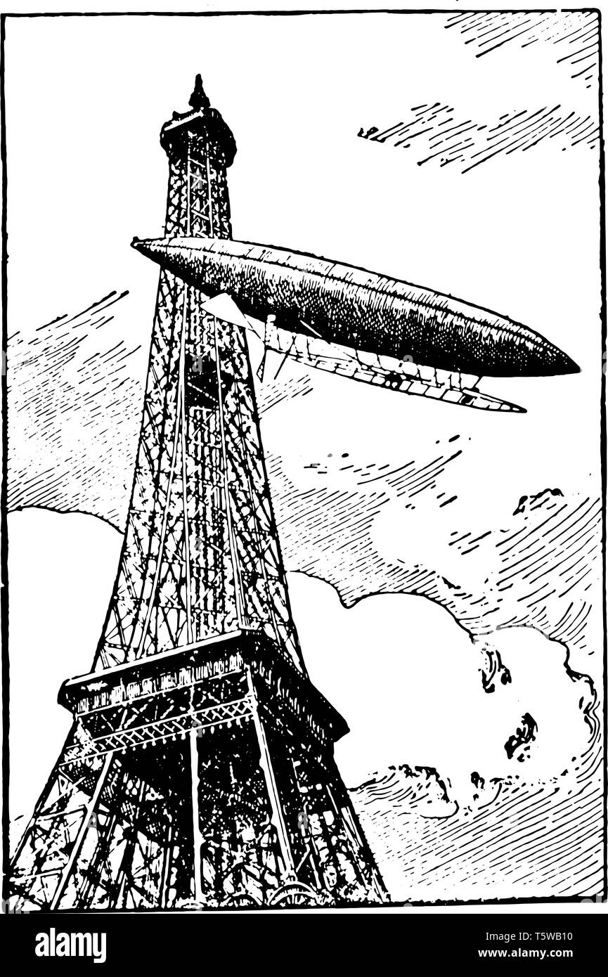Le dirigeable est l'arrondissement Tour Eiffel naviguer dans l'air sous son propre pouvoir le soulever de grandes poches de gaz vintage dessin ou gravure illustrat Illustration de Vecteur