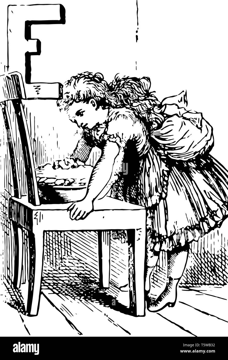 E de l'alphabet la manger cette photo montre une jeune fille se pencha pour ramasser quelque chose de bol pour manger bol conservé sur la table de dessin Ligne vintage ou illustra gravure Illustration de Vecteur