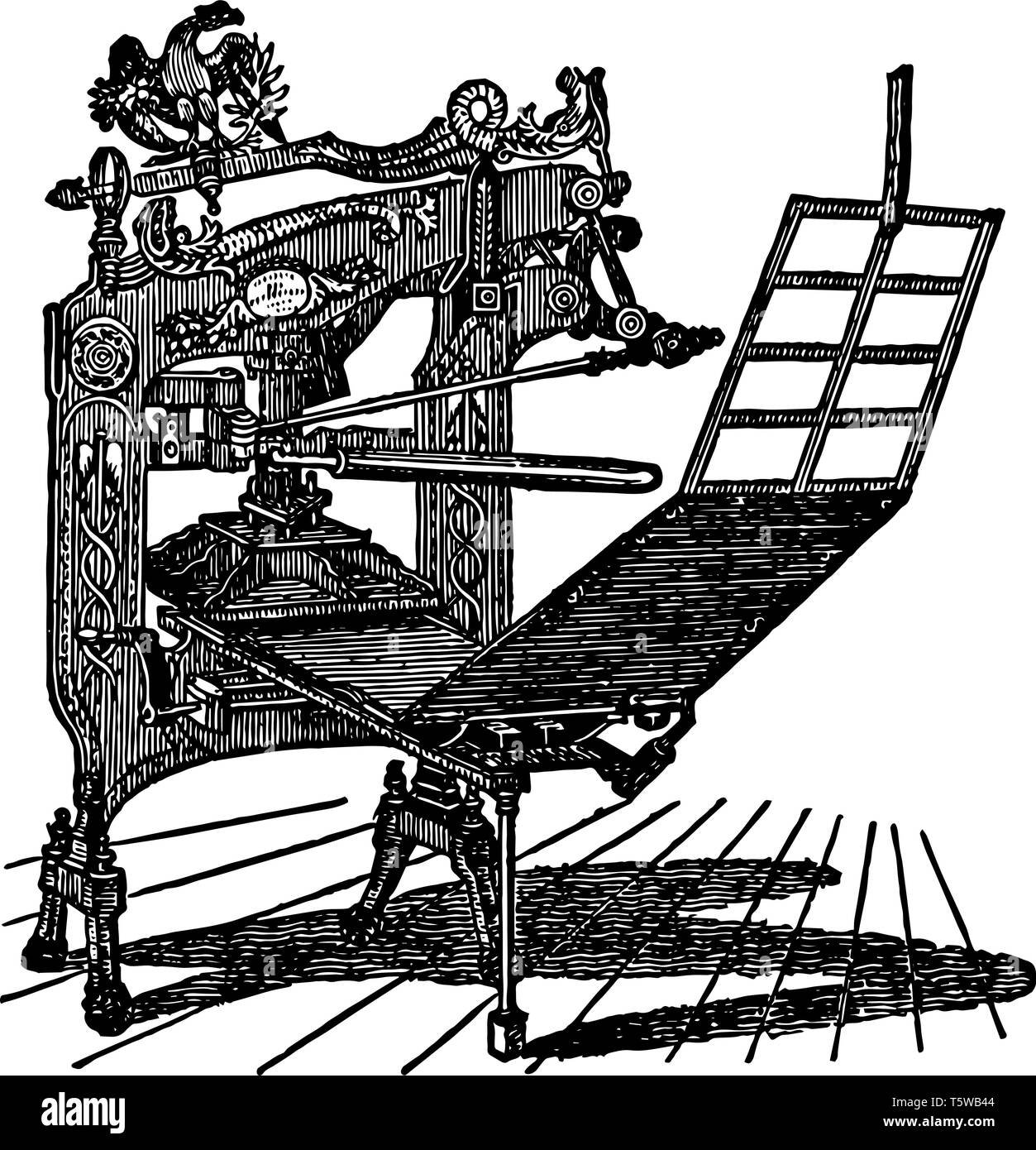 Cette illustration représente la presse colombienne qui est utilisé pour l'impression de dessin Ligne vintage ou gravure illustration. Illustration de Vecteur