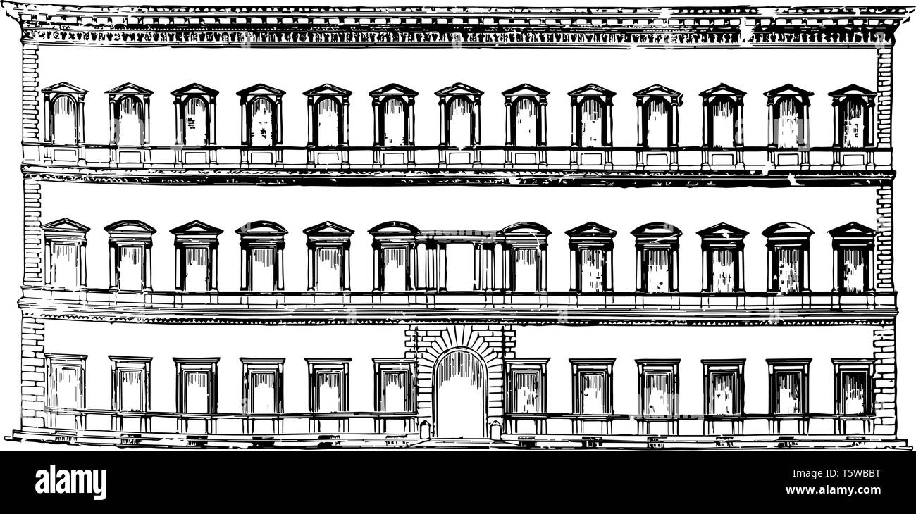 Palais Farnèse à Rome Renaissance haute l'Ambassade de France en Italie d'autres architectes de renommée mondiale a poursuivi le chemin vintage dessin ou engra Illustration de Vecteur