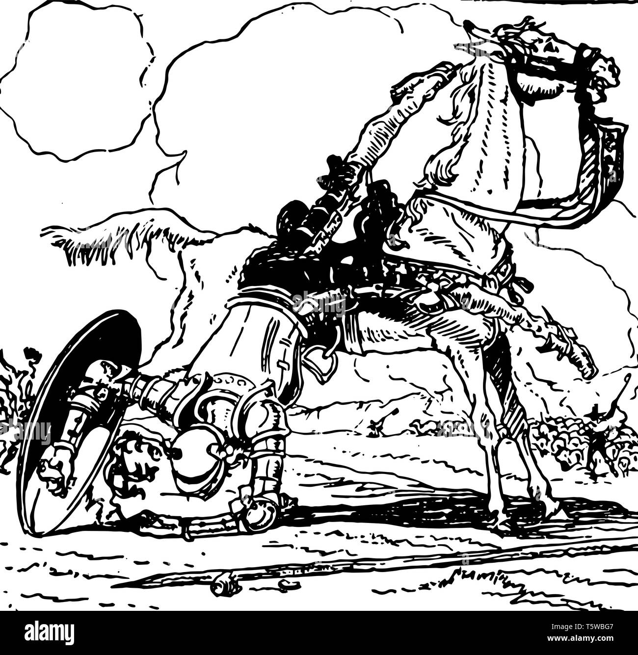 Don Quichotte cette scène montre un homme avec la protection de tomber à partir de l' vintage dessin ou gravure illustration Illustration de Vecteur