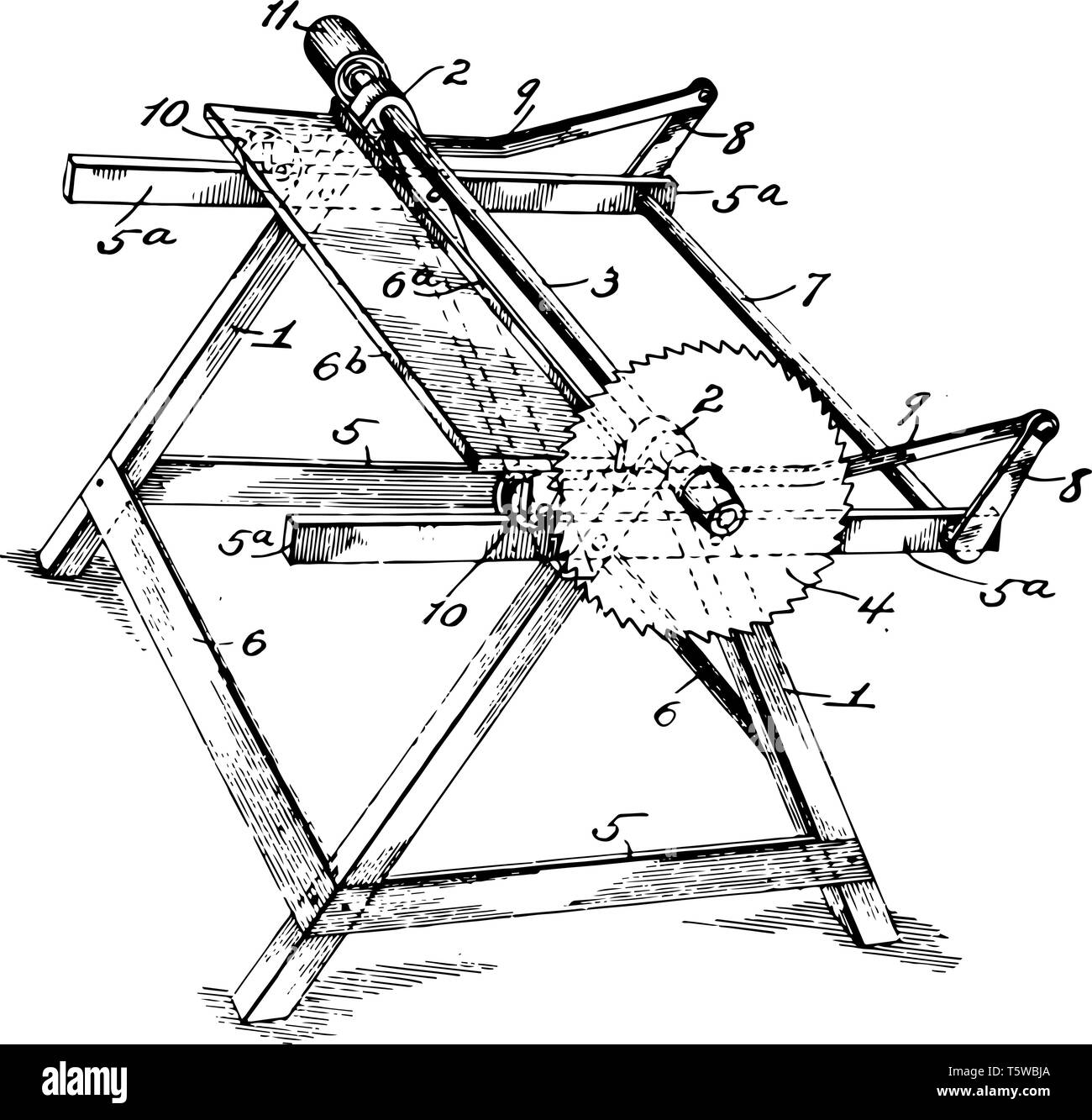 Cette illustration représente la machine qui a utilisé pour la coupe du bois vintage dessin ou gravure illustration. Illustration de Vecteur