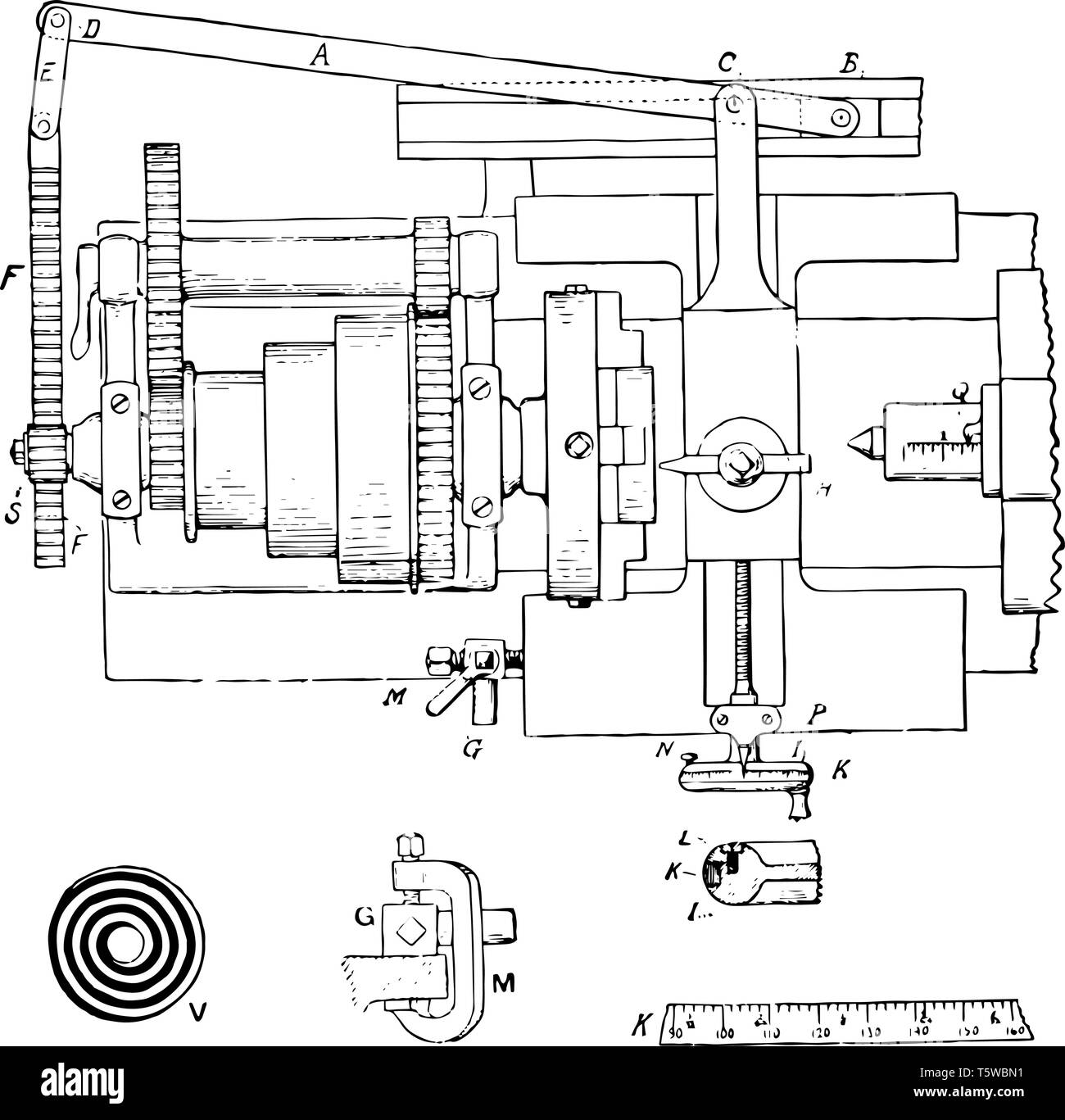 Cette illustration représente le tournant Volute ou spirale plate Machine qui est créé par le bois de coupe Réglage de la lame, vintage dessin ou e Illustration de Vecteur