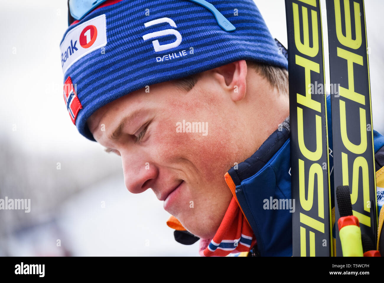 Hoesflot-Klaebo Johaness de la Norvège après avoir remporté la Coupe du Monde 15 k classic course de ski de fond à Québec, Wuebec, Canada. Banque D'Images