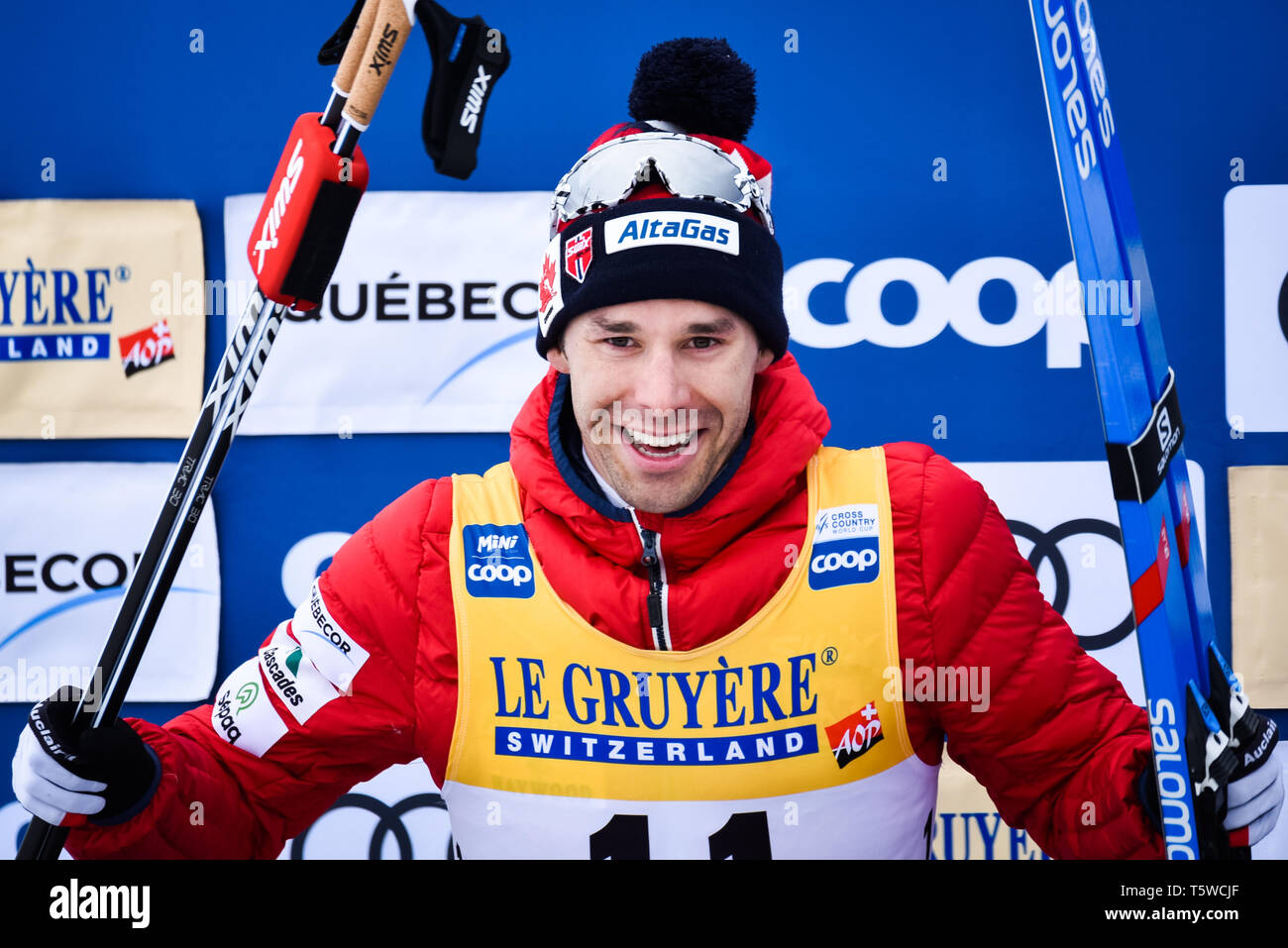 Canada's Alex Harvey après avoir terminé deuxième à l'épreuve de la Coupe du Monde 15-k course de ski de fond classique dans la ville de Québec, Québec, Canada. Banque D'Images