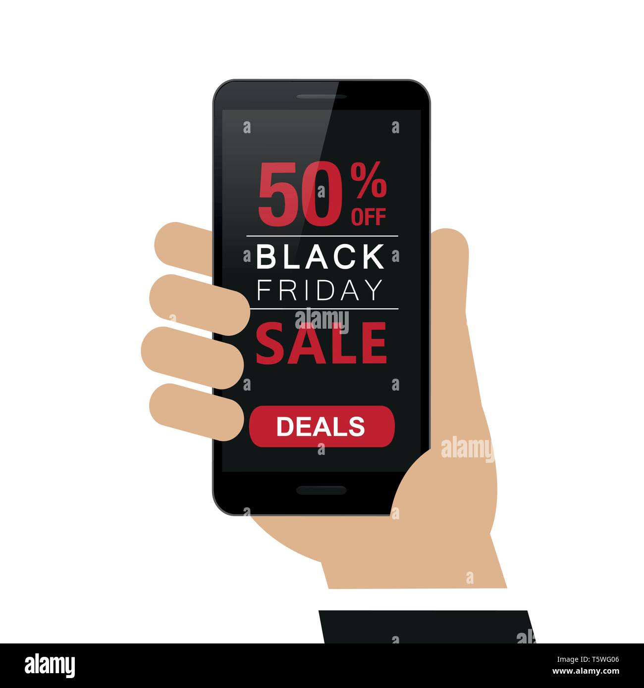 Mains courantes smartphone avec le black friday vente traite 50  % sur shopping concept isolé sur fond blanc vector illustration EPS10 Illustration de Vecteur