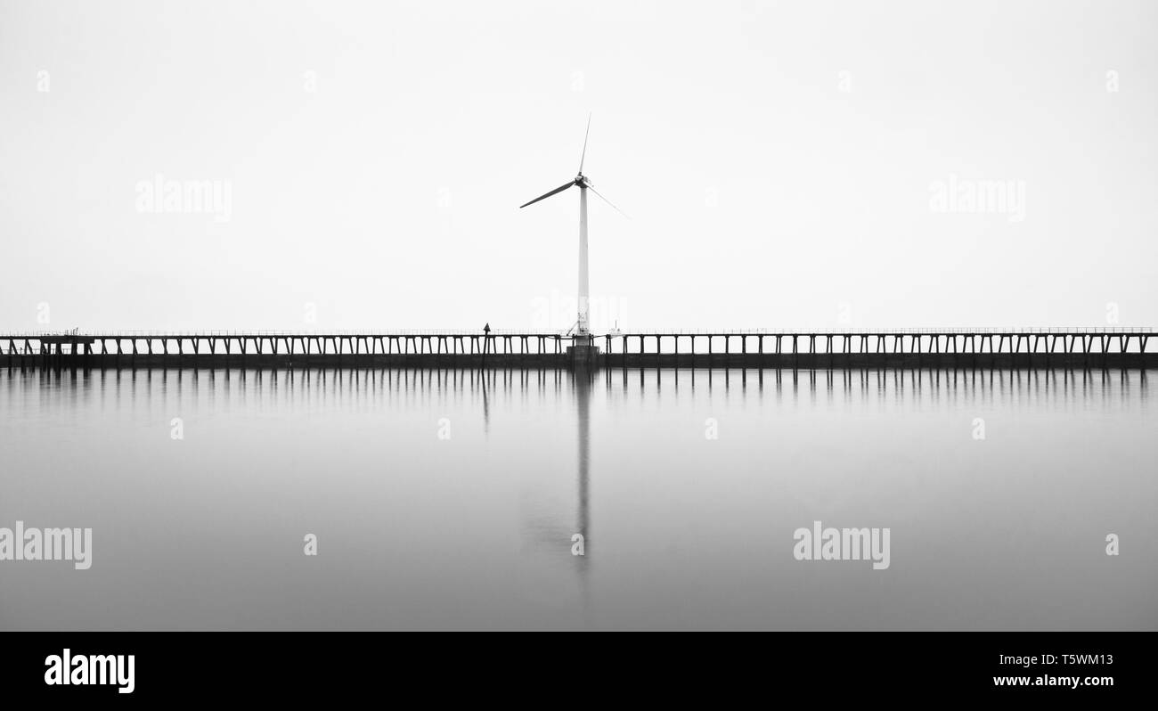 Pas de lever de soleil sur ce matin à Blyth pier, mais le littoral était entouré par un épais brouillard qui fait pour certains à l'atmosphère B&W sur les éoliennes Banque D'Images