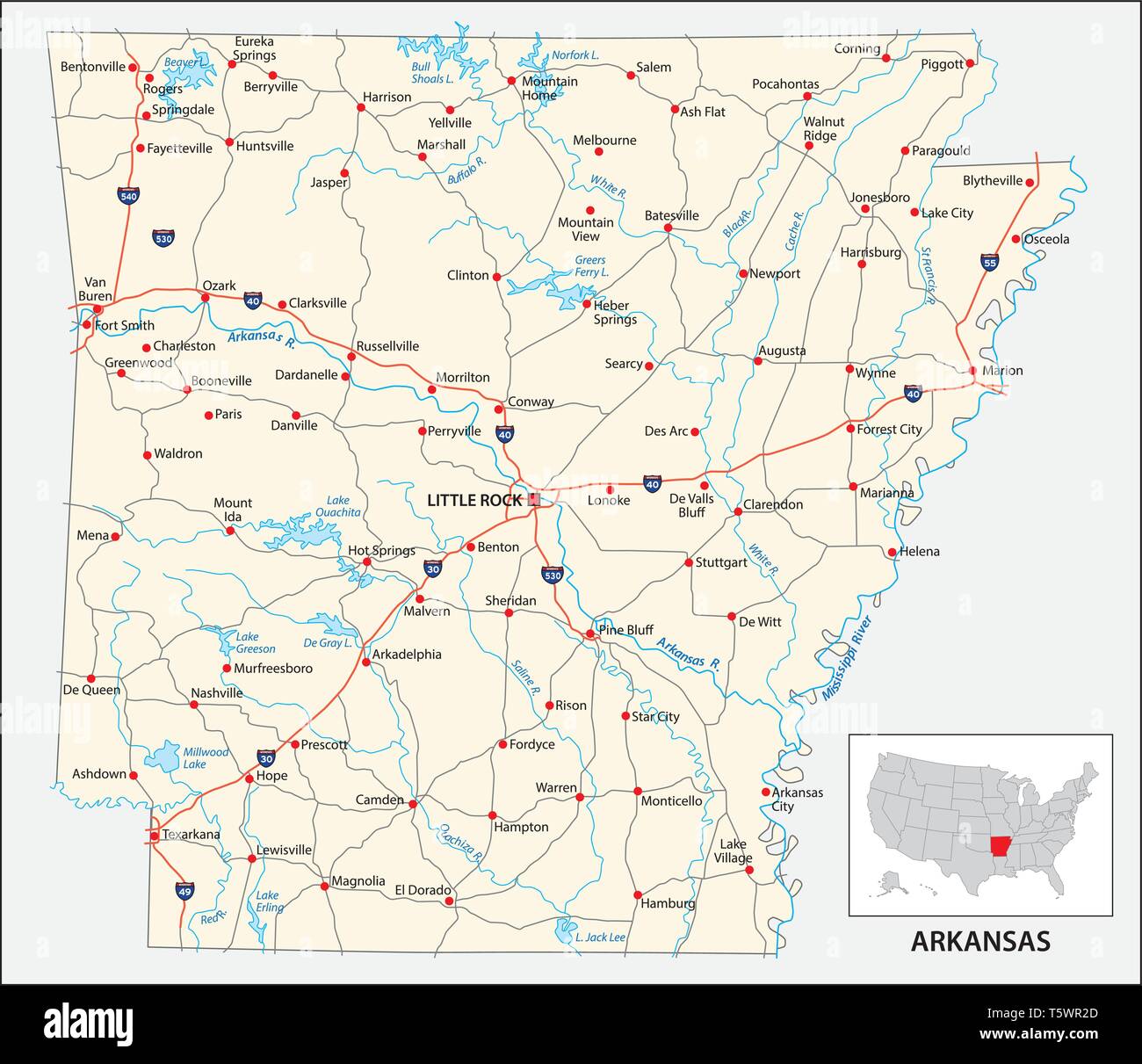 Carte routière de l'État américain de l'Arkansas, États-Unis Illustration de Vecteur