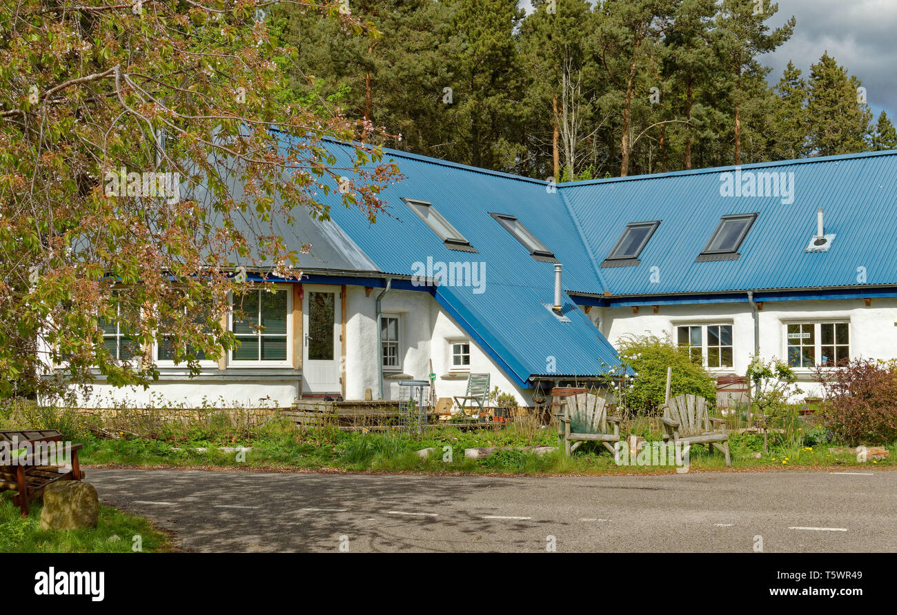 Fondation FINDHORN COMMUNAUTÉ ECO ECO HOUSE GRAND coloré bleu avec toit et murs blancs construits avec des bottes de paille Banque D'Images