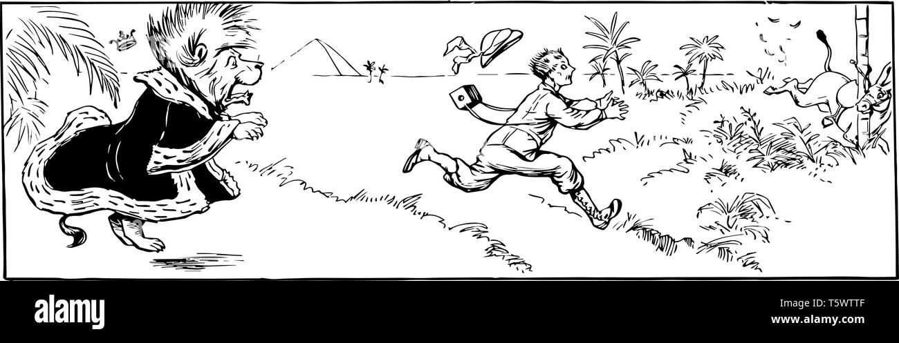 Lion portant robe Chasing photographe, cette scène montre un lion chasse Robe photographe, son chapeau en l'air, la montagne et arbres en arrière-plan, Illustration de Vecteur